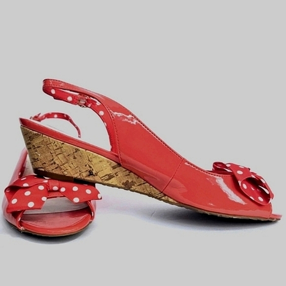 Anne Klein Wwns Beverley Red Patent Leather White Polka Dot Bow Wedge Sandals 8 - Picture 2 of 12